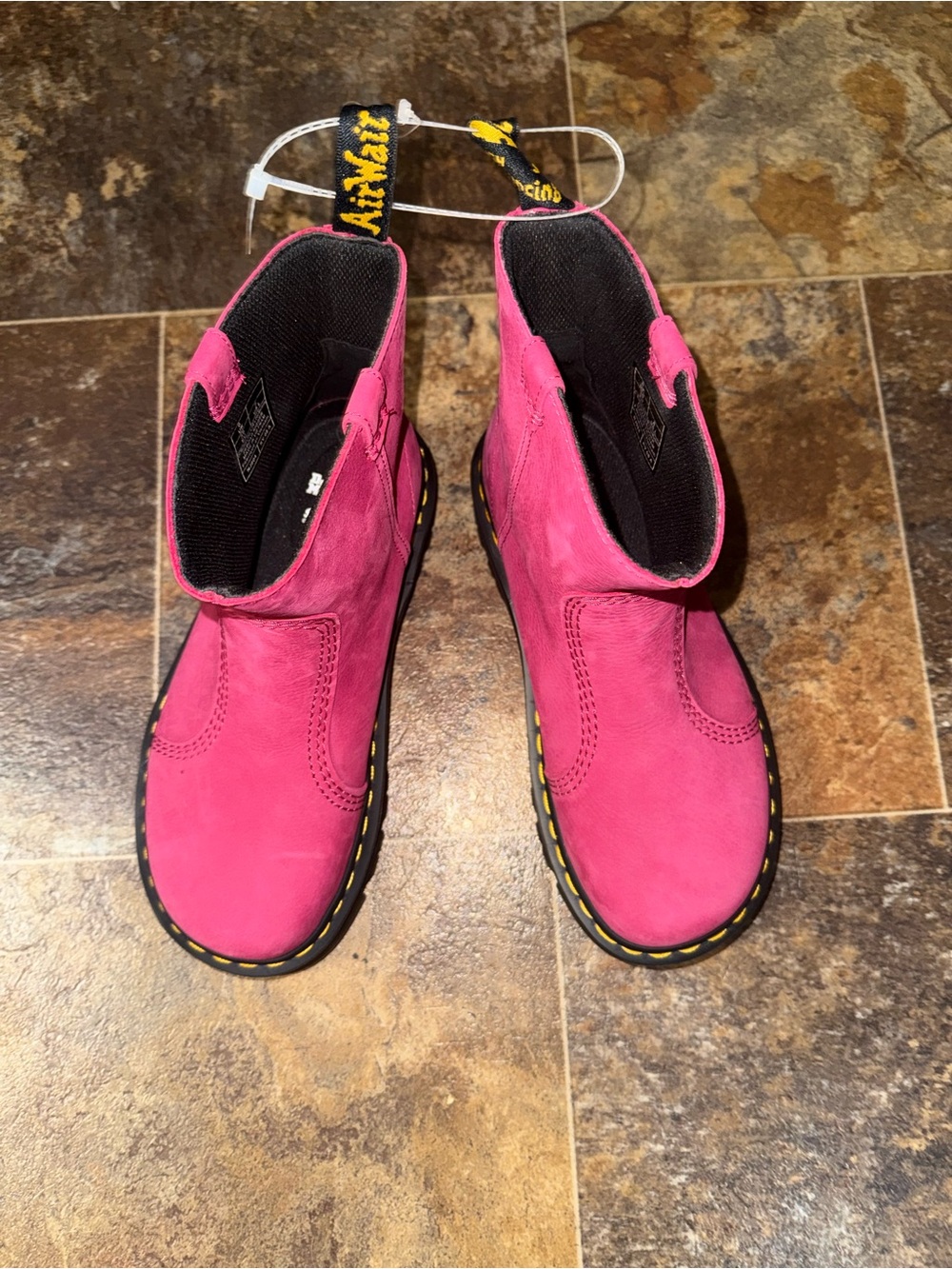 Dr. Martens Hot Pink Ankle Boots with Yellow Stitching
